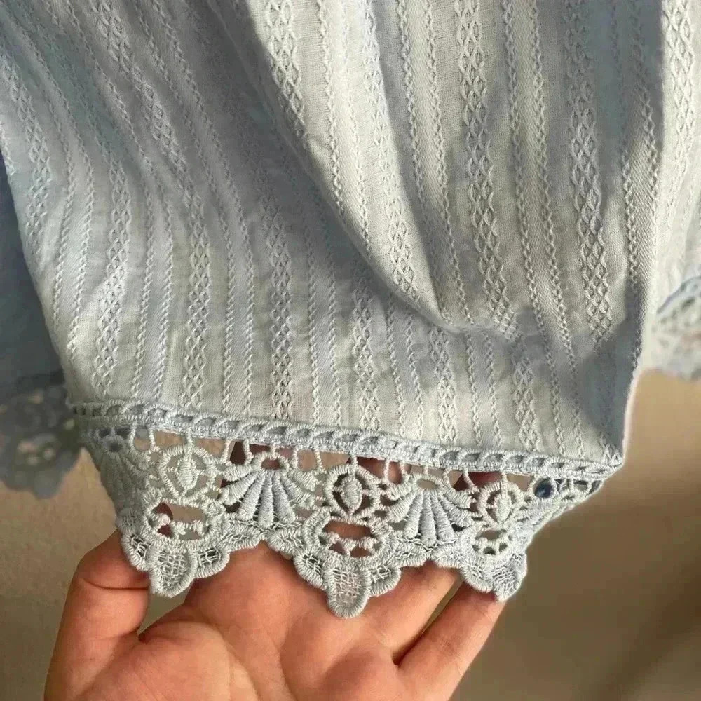 🆕 Sweet Wanderer Cold Shoulder Ruffle Top Blue S🆕 - Picture 4 of 7